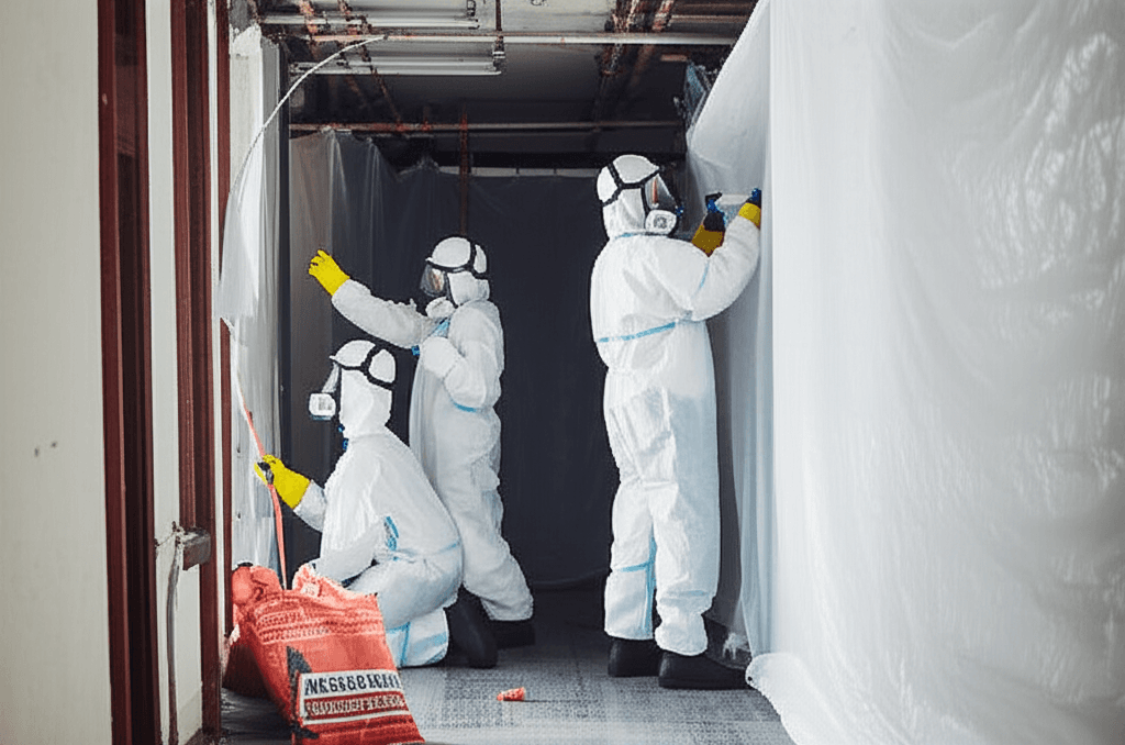 Professional asbestos abatement team in protective gear
